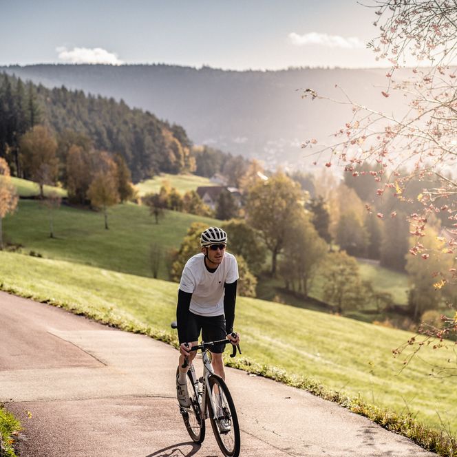 Eine Person fährt mit einem Gravelbike auf einer Straße in Baiersbronn