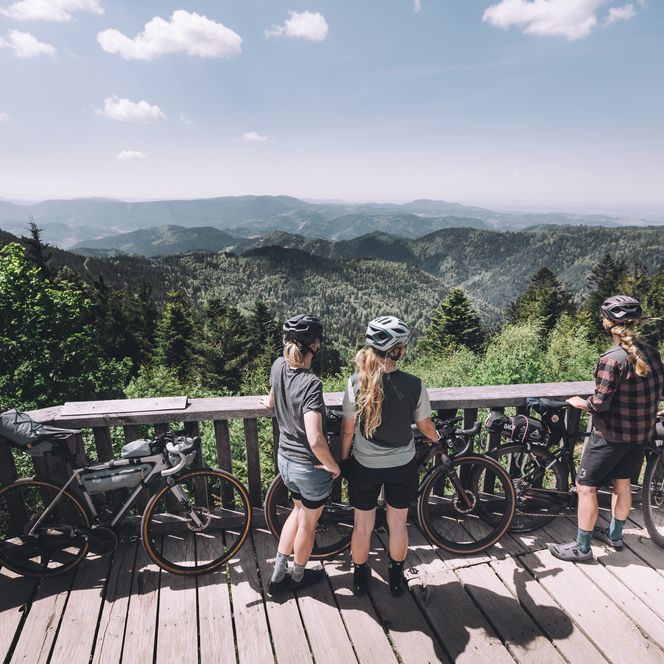 Personen stehen mit ihren Gravelbikes an einer Aussichtsplattform mit Blick auf die Landschaft im Schwarzwald
