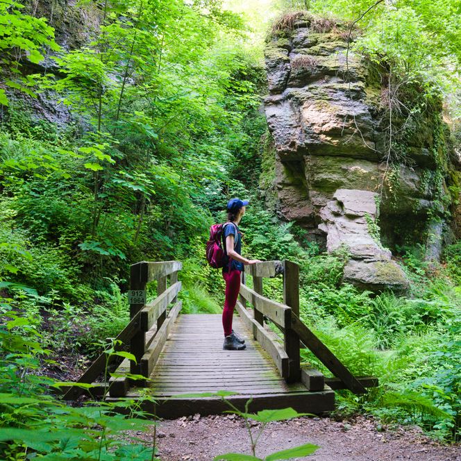 Eine Wanderin läuft über eine Holzbrücke durch die Wolfsschlucht