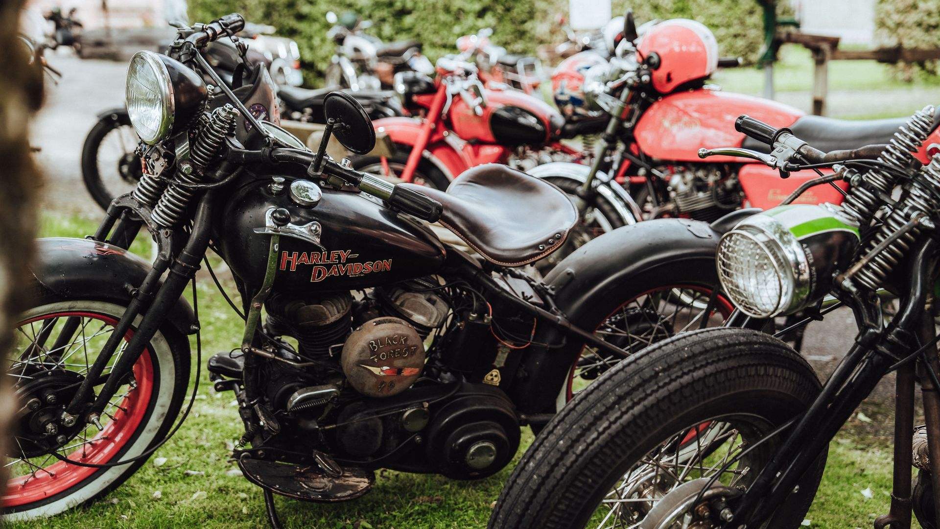 Mehrere Oldtimer Motorräder stehen auf einer Wiese bei der Baiersbronn Classic, im Vordergrund eine schwarze Harley Davidson