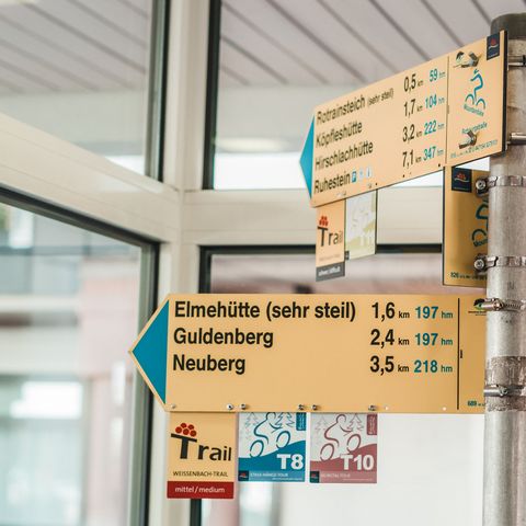 Mountainbike-Beschilderung an einem Wegweiser in der Baiersbronn Touristik