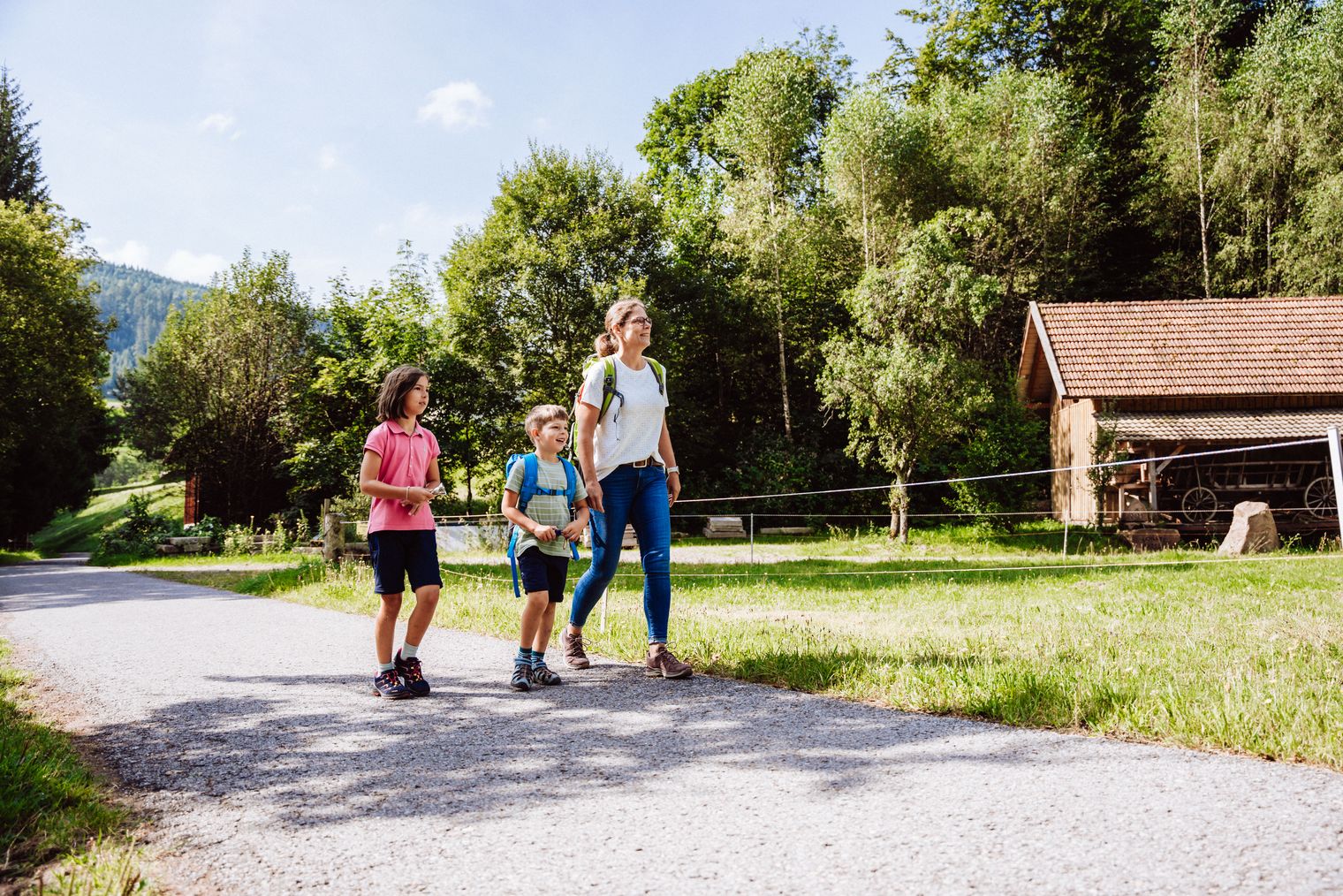 Eine Mama wandert mit ihren zwei Kindern