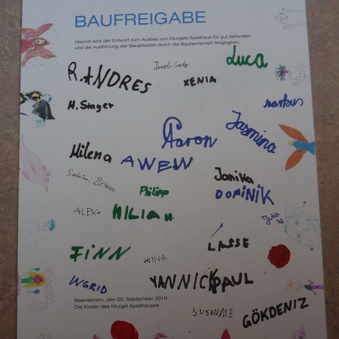 Unterschriften von Kindern des Murgels Spielhauses zur "Baufreigabe"