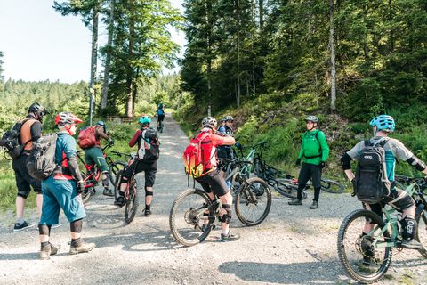 Ein Guide fährt mit einer Bike-Gruppe durch den Baiersbronner Wald.