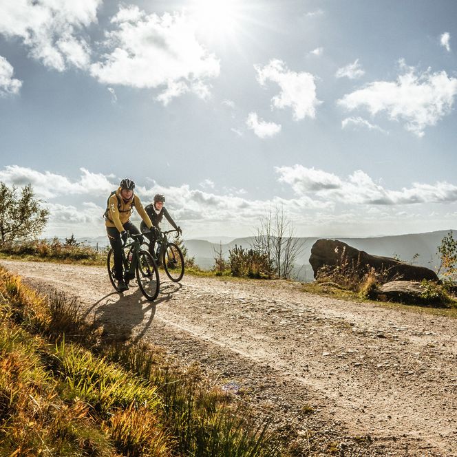 Gravelbiker fahren auf einem geschotterten Weg im Baiersbronner Bikehimmel