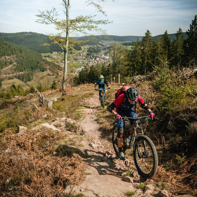 Mountainbikefahrer fahren einen Trail in Baiersbronn